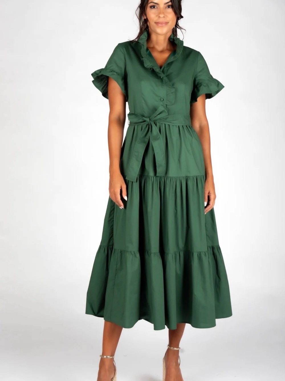Tiered Ruffle Midi Dress with Tie Waist in Forest Green